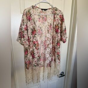 Floral Lace Kimono with Fringe